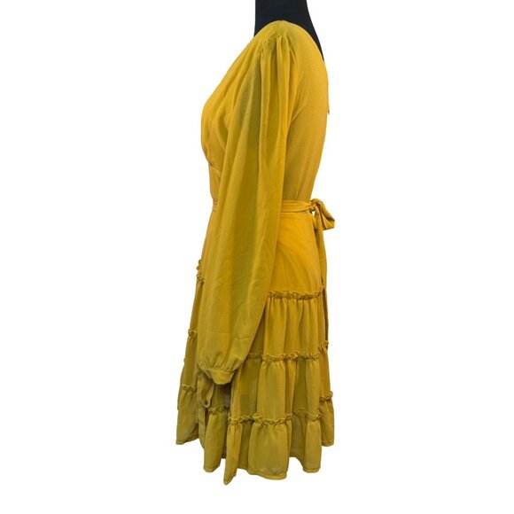 Mustard Yellow Wrap Dress By Shein  US 6 Medium Tiered Ruffle Skirt Long-Sleeve - Picture 4 of 9